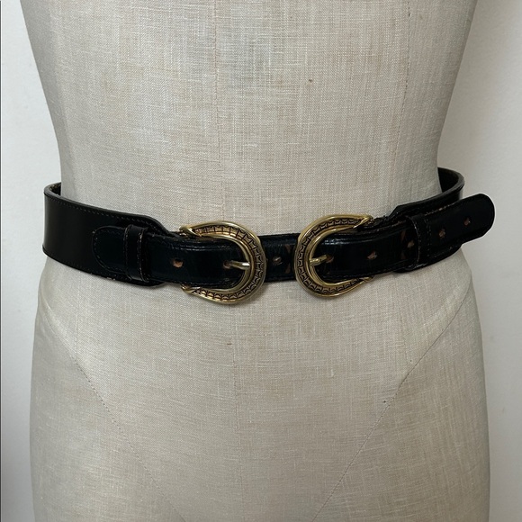 Double Buckle Belt - Gold/Black English Saddle Cowhide size ML 1013 - Picture 1 of 16